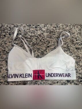 Calvin Klein White Bralette with Purple Logo Band and Red Square